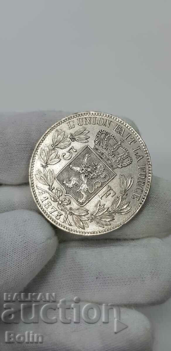 Auction Silver coin 5 Francs 1873 Belgium Leopold Auction Silver coin 5 Francs 1873 Belgium Leopold