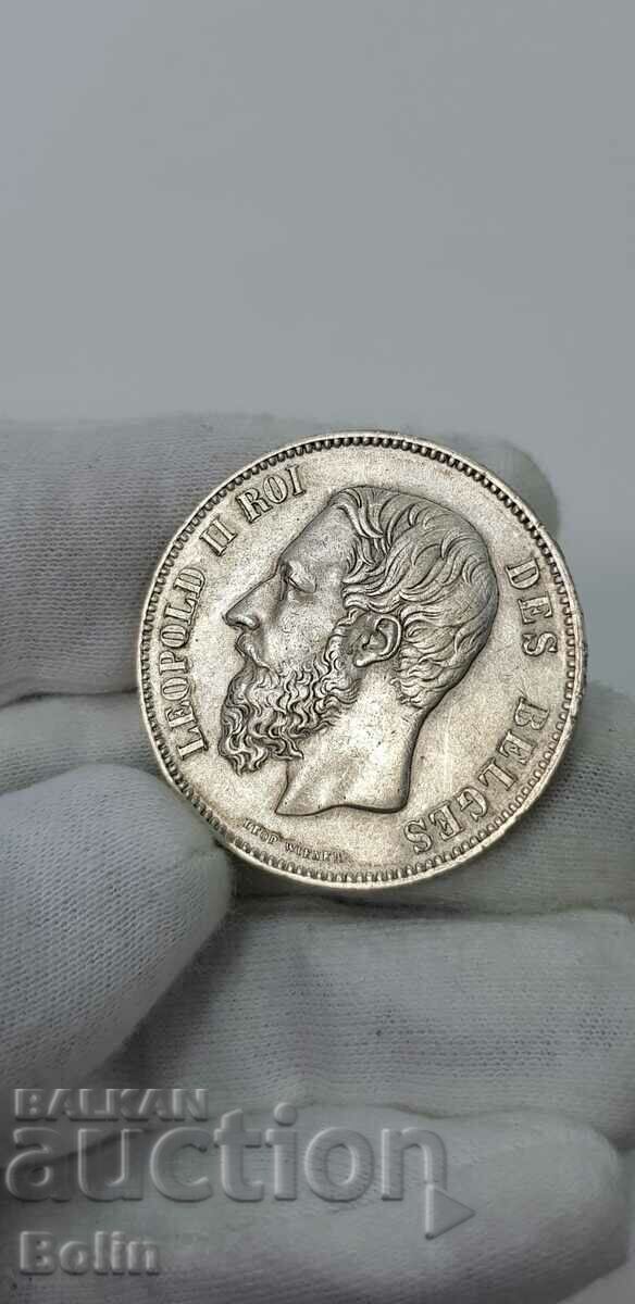 Silver coin 5 Francs 1873 Belgium Leopold - 5 Silver coin 5 Francs 1873 Belgium Leopold - 5