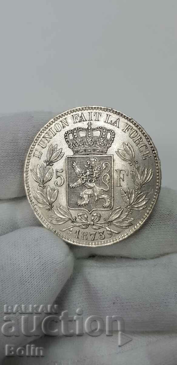 Moneda de argint 5 Franci 1873 Belgia Leopold