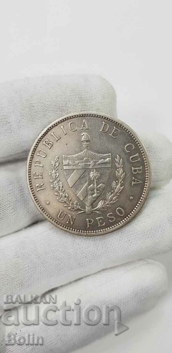 Rare 1 Peso Silver Coin - Cuba 1933