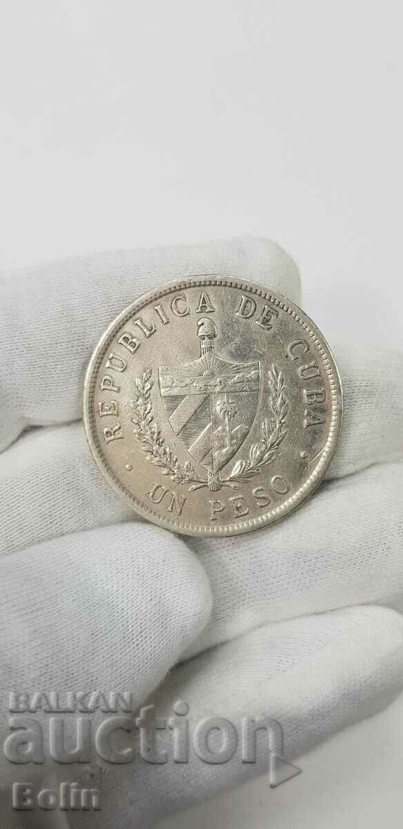 Monedă rară de argint de 1 peso - Cuba 1933