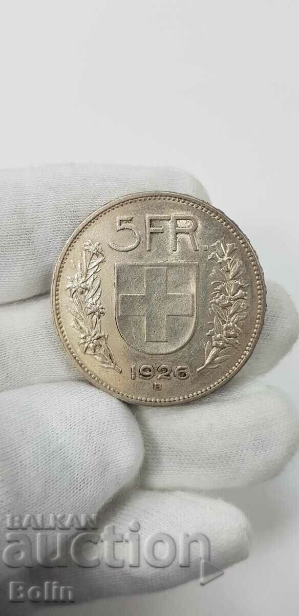 Rare silver 5 franc coin 1926 - In Switzerland