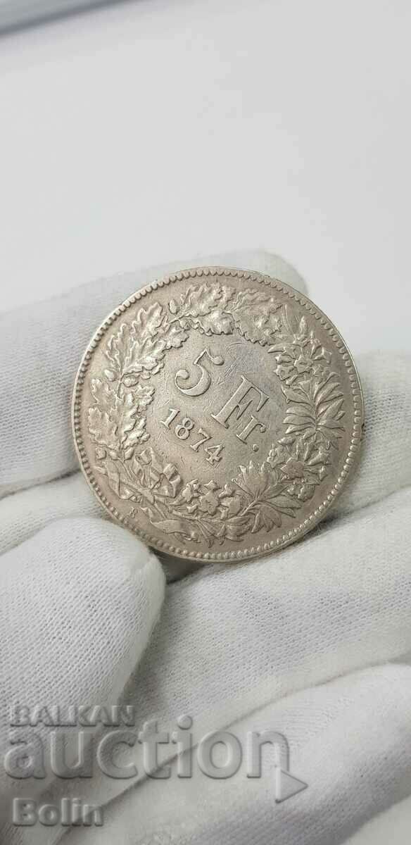 Rare silver 5 franc coin 1874 - In Switzerland