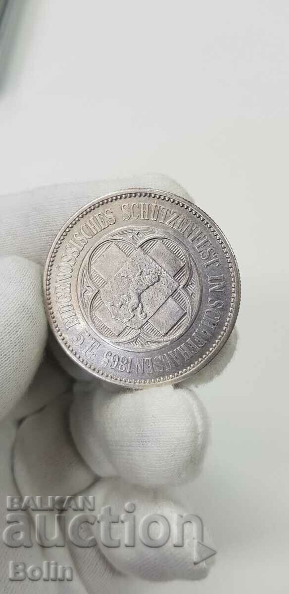 Auction Very rare silver 5 franc coin 1865 - Switzerland Auction Very rare silver 5 franc coin 1865 - Switzerland