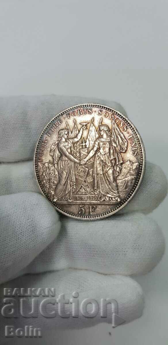 Very rare silver coin 5 francs 1836-1876. - Switzerland