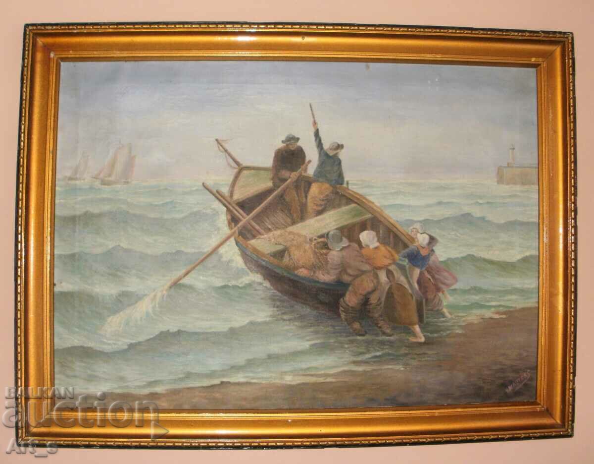 Old large early 20th century painting - signed