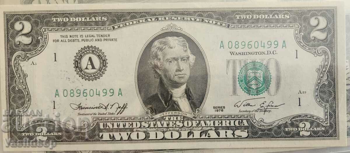 2 Dollars USA 1976 with postage stamp from Fed.