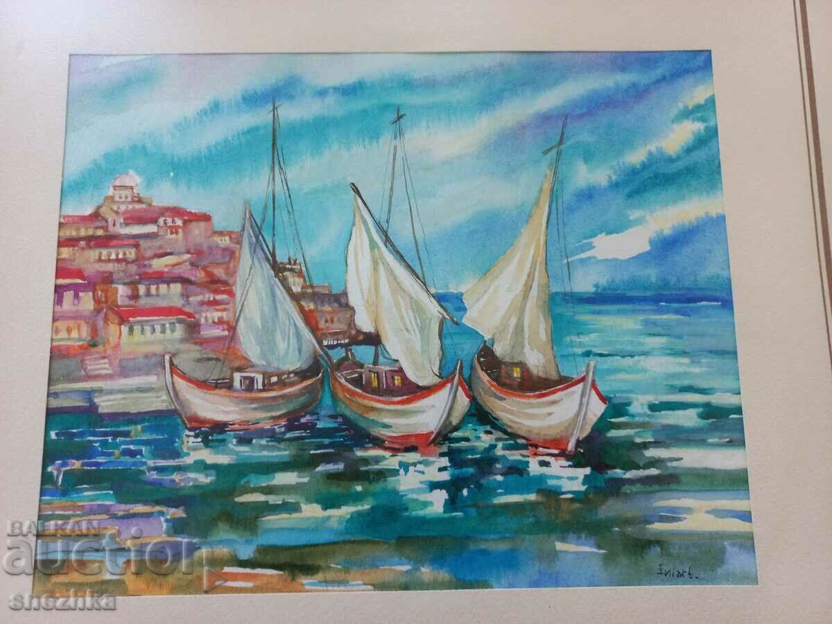 painting "Sailboats" 43/38, cardboard, watercolor with price 100.00 BGN | € 51.13