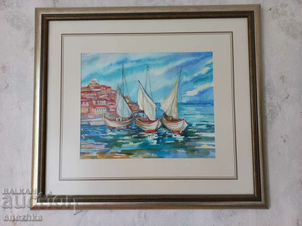 tablou „Barci cu pânze” 43/38, carton, acuarelă tablou „Barci cu pânze” 43/38, carton, acuarelă