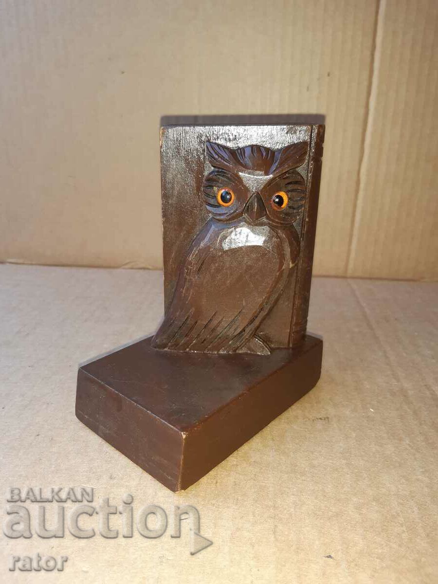 Old figure, wood carving, paperweight - book with an owl