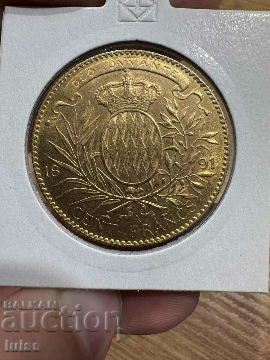 Moneda de aur din Monaco 100 de franci 1891 Prințul Albert I