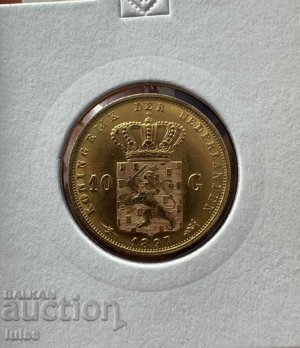 Gold Coin Dutch 10 Gulden 1897. Wilhelmina Mlad Ob