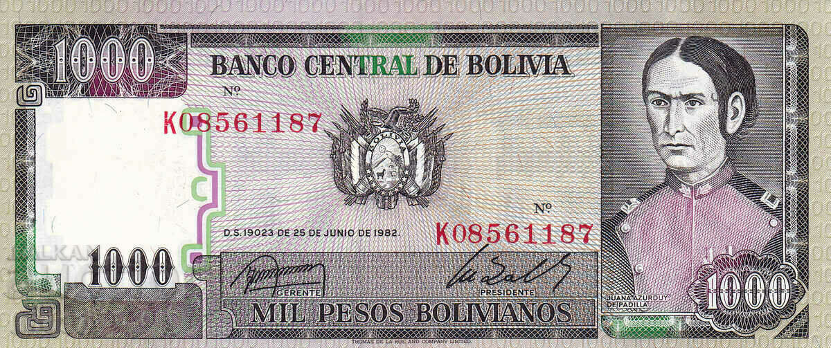 tino37- BOLIVIA - 1000 PESOS BOLIVIANOS - 1982 - UNC with price 5.90 BGN | € 3.02 tino37- BOLIVIA - 1000 PESOS BOLIVIANOS - 1982 - UNC with price 5.90 BGN | € 3.02