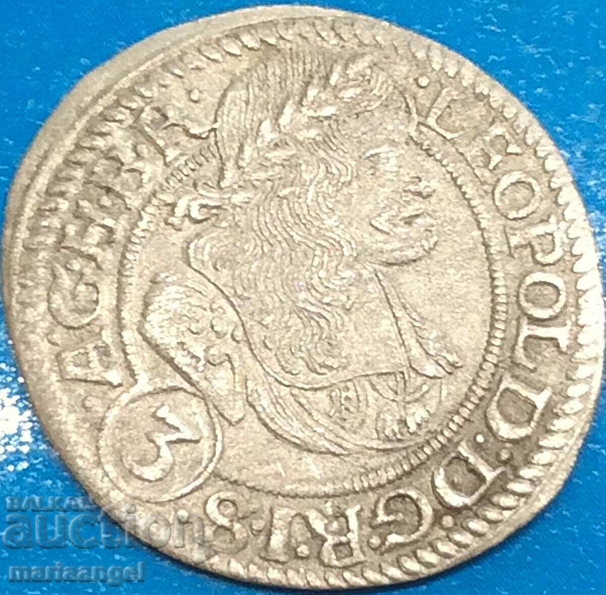 Silesia 3 Kreuzer 1670 Leopold Austria argint