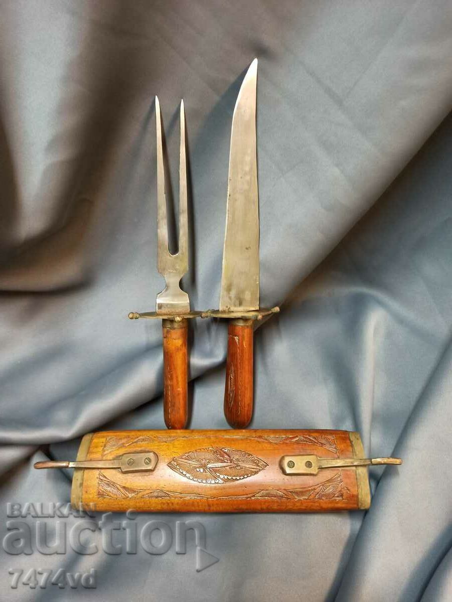 Meat set wooden stand with carving knife and fork