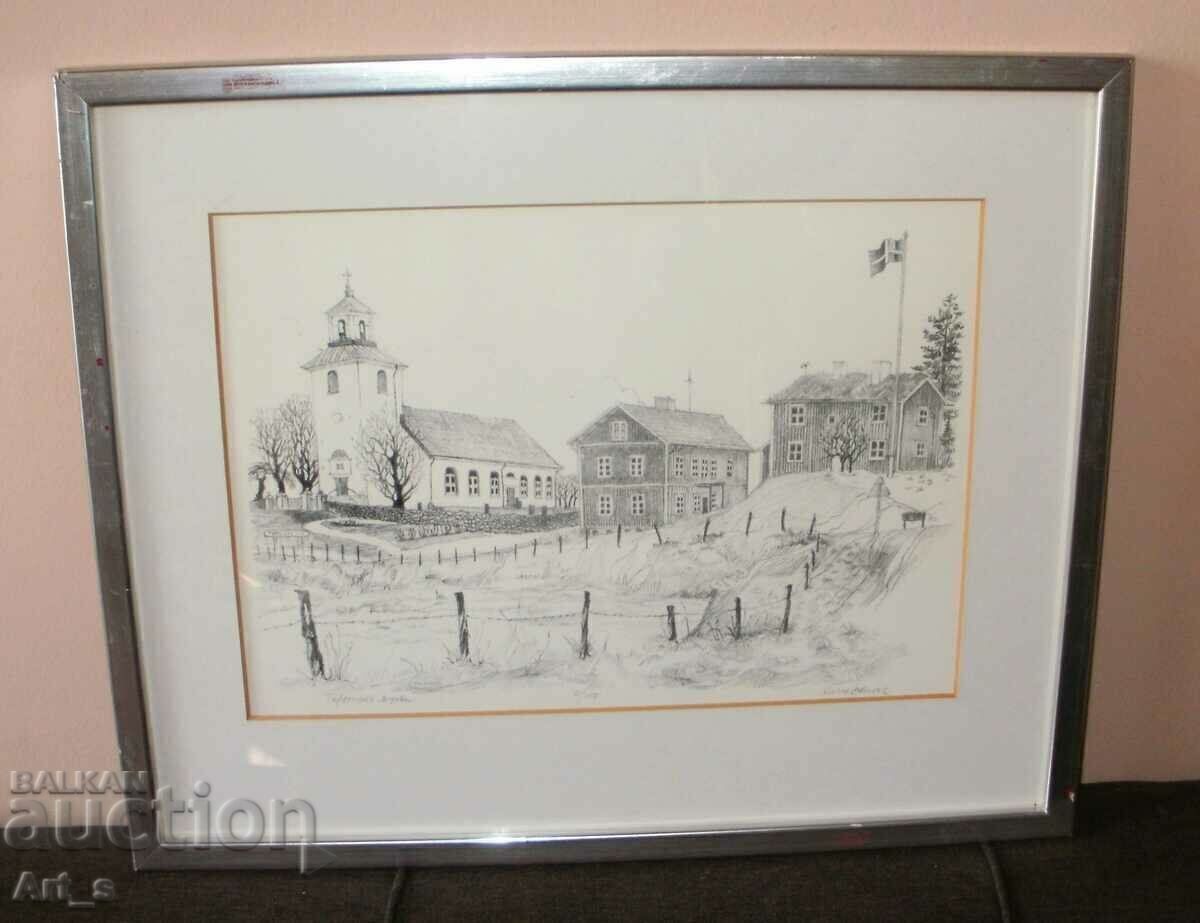 A framed lithograph by the Swedish artist Lasse Olsson A framed lithograph by the Swedish artist Lasse Olsson