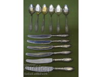 Set of six old silver-plated spoons and knives