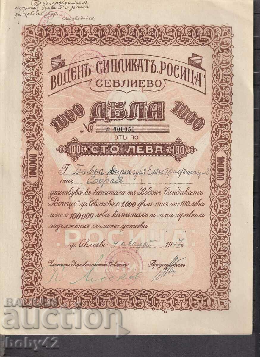 Sindicatul de apă „Rositsa” Sevl.) -000 acțiuni 100.000 BGN 1947!!