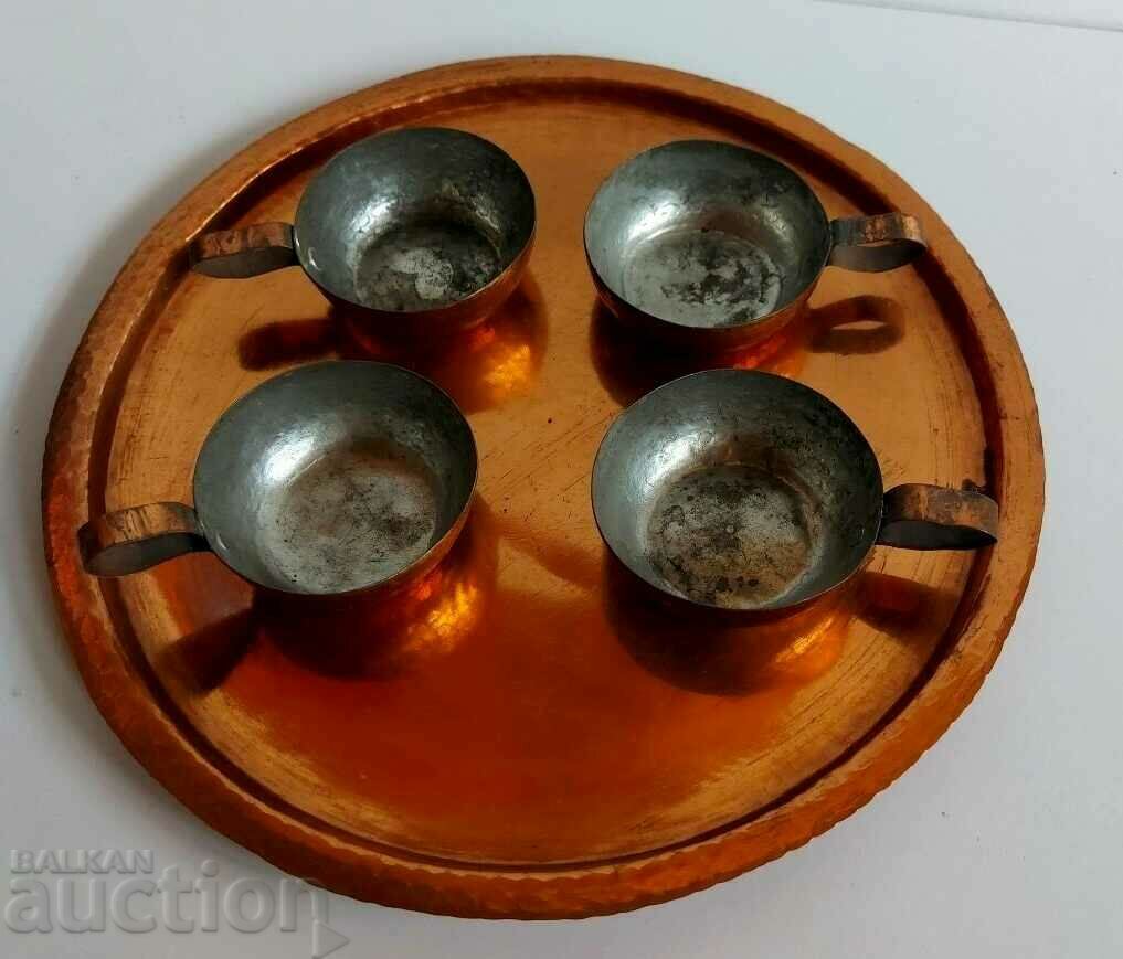 . SOC COPPER COFFEE SERVICE TRAY GLASS CUPS COPPER HONEY