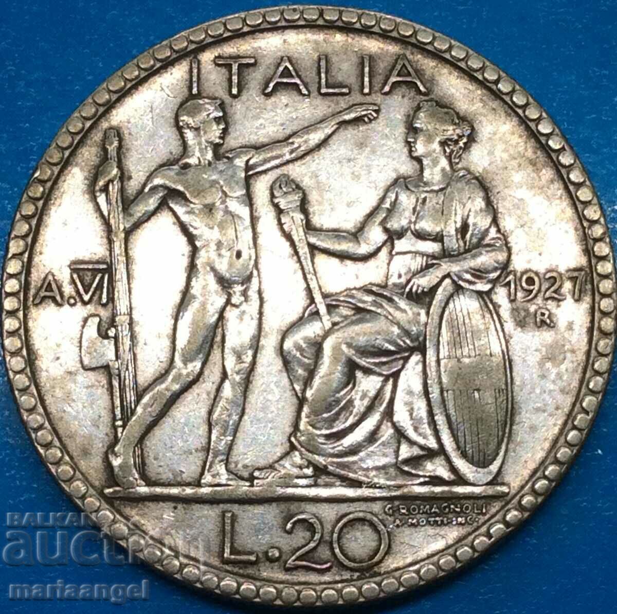 20 Lire 1927 R-Roma Italia Victor Emmanuel II Argint