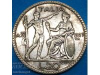 20 Lire 1927 R-Roma Italia Victor Emmanuel II Argint