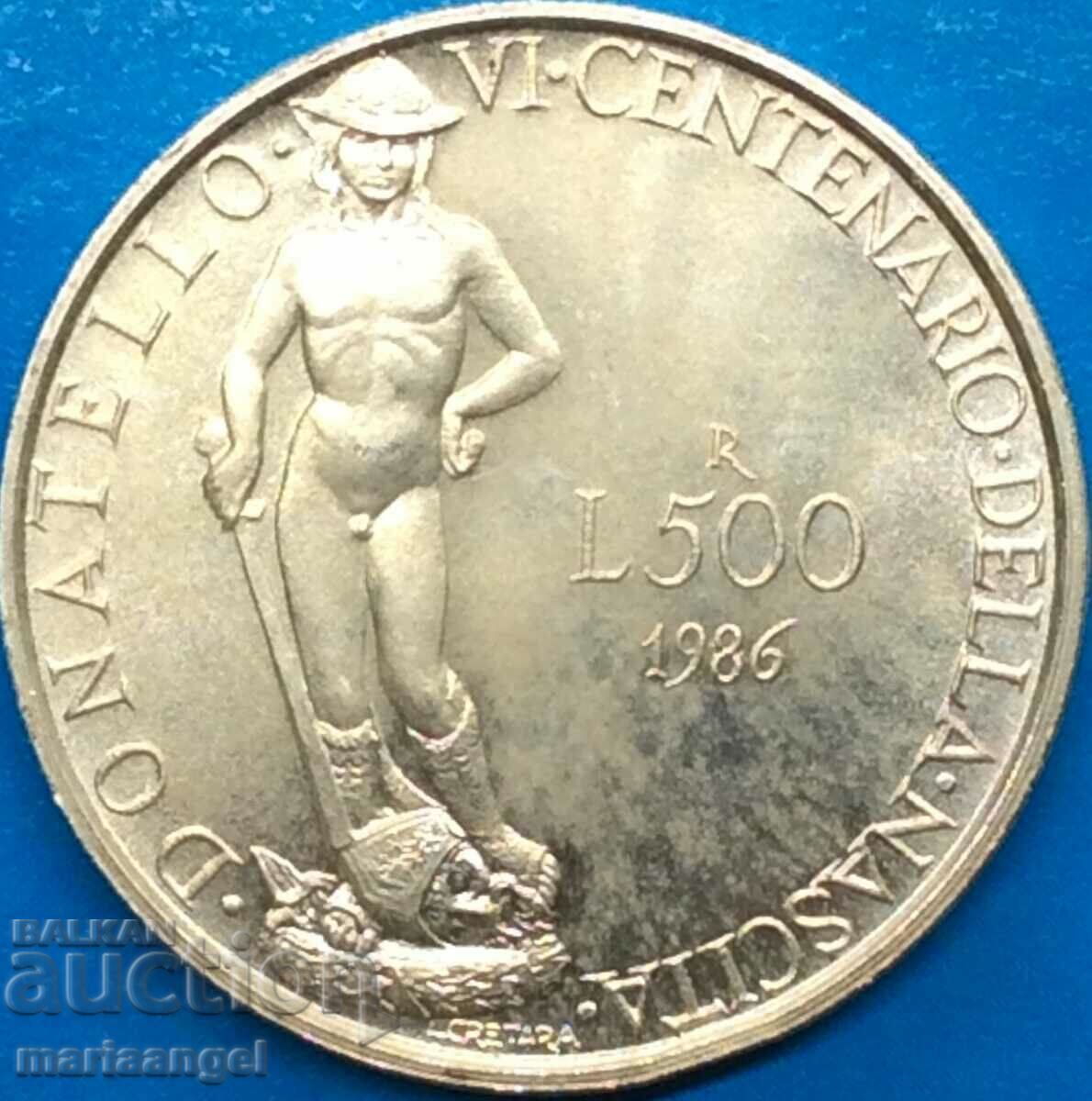 500 лири 1986 Италия Донатело - артист, 600 гг UNC сребро