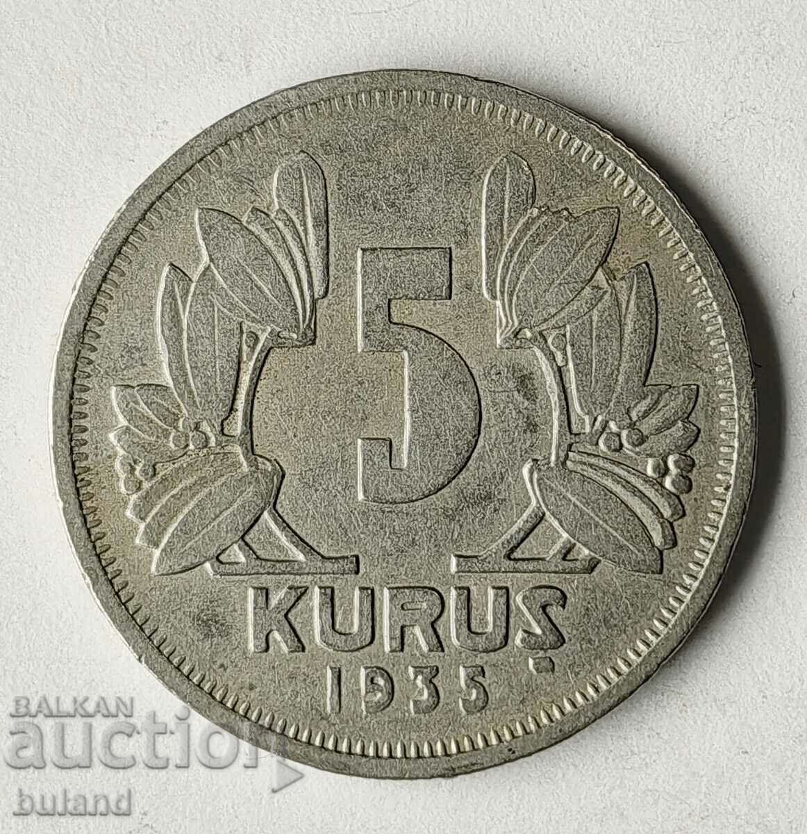 Moneda Rara Turcia 5 Kurus 1935 Kurus