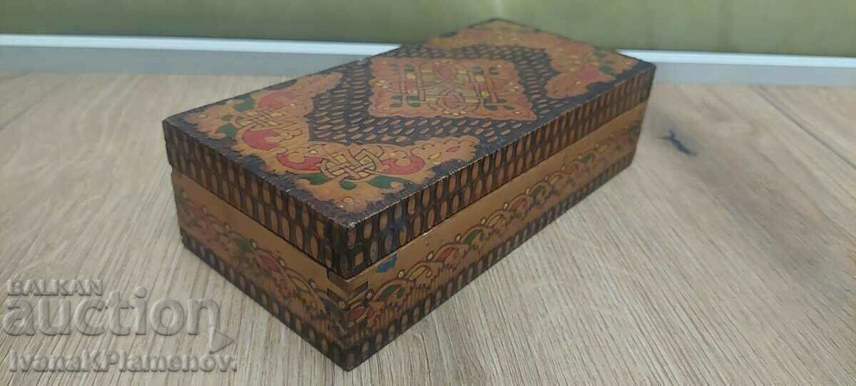 Auction Pyrographed wooden box Auction Pyrographed wooden box