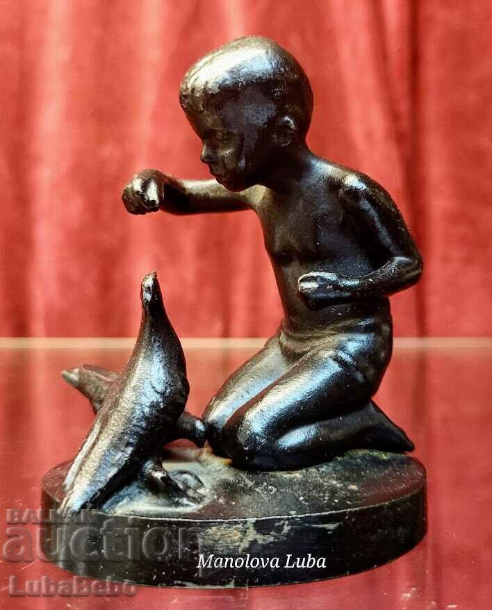 Vintage Cast Iron Boy With Pigeons Figurine