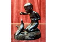 Vintage Cast Iron Boy With Pigeons Figurine