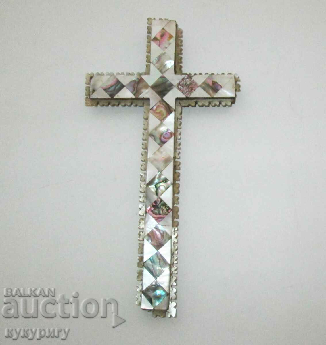 Old large mother-of-pearl wooden cross mother-of-pearl wood handmade