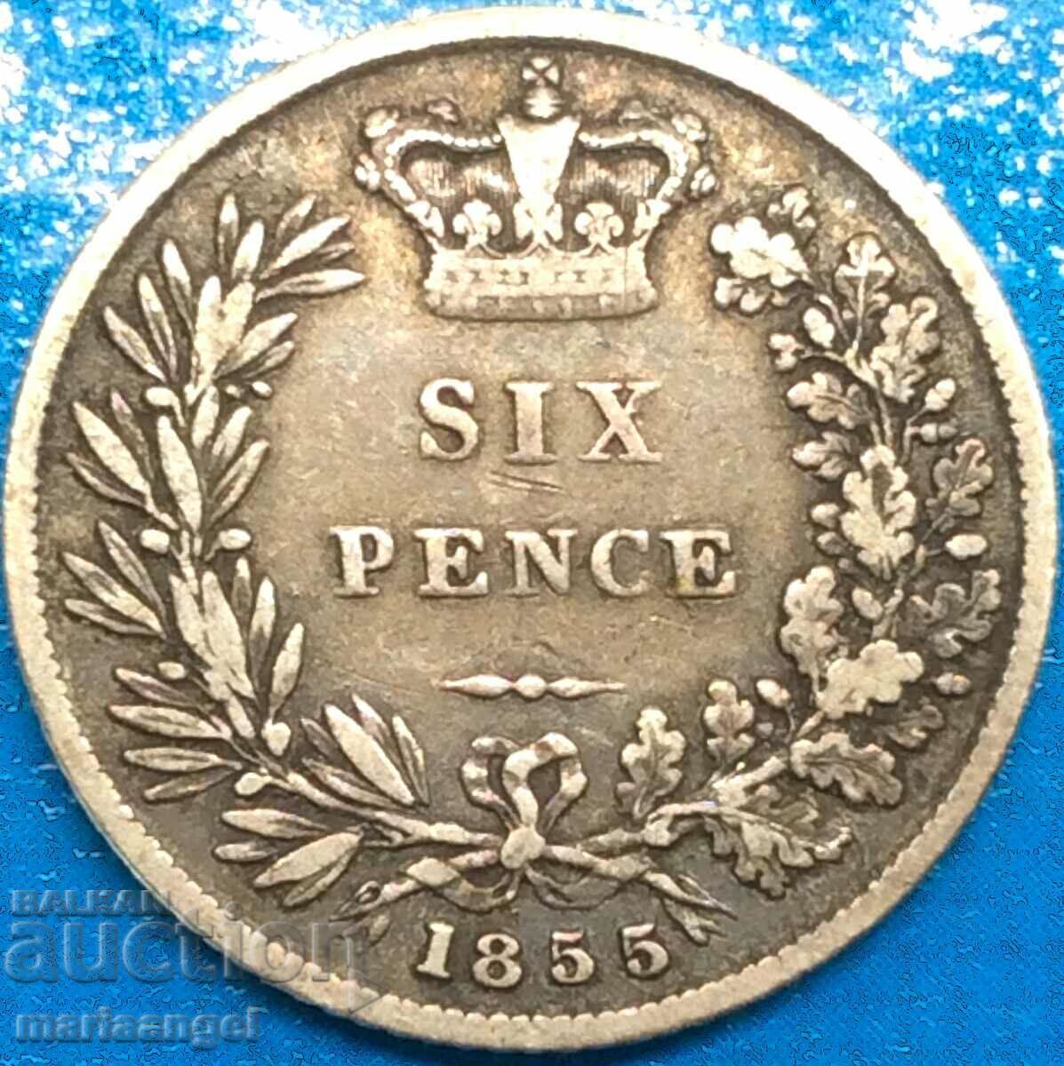 Great Britain 6 Pence 1855 Young Victoria Silver - RARE