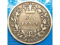 Marea Britanie 6 Pence 1855 Young Victoria Silver - RAR