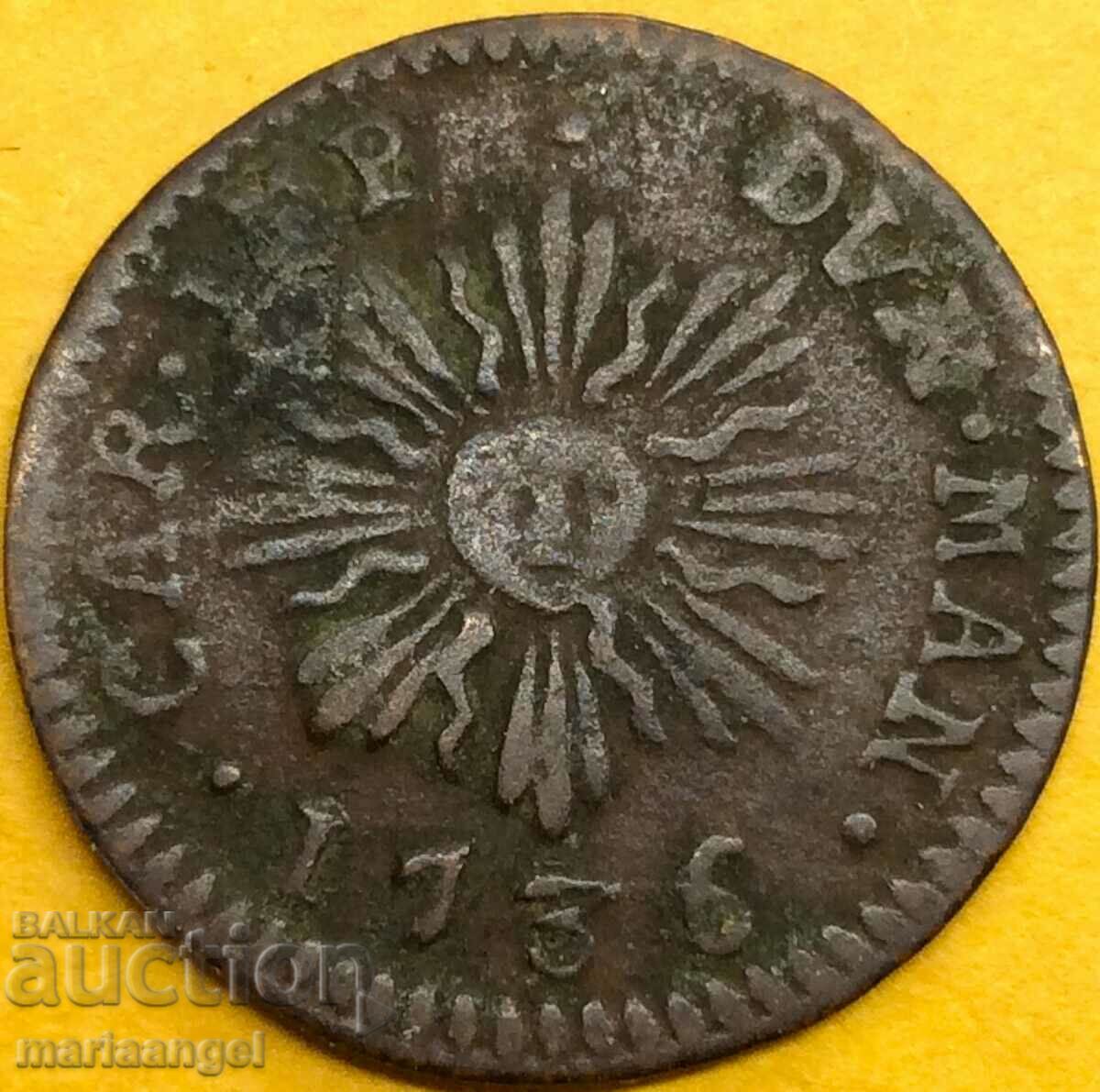 1 soldo 1736 Italia Mantua Ducele Gonzaga „Soare” Cu