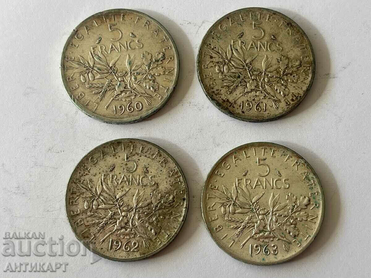 4 monede de argint de 5 franci Franta 1960,61,62,63 argint