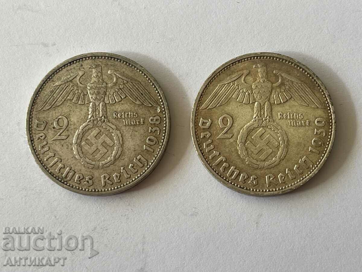 2 monede de argint 2 mărci svastica Germania 1938, argint 1939