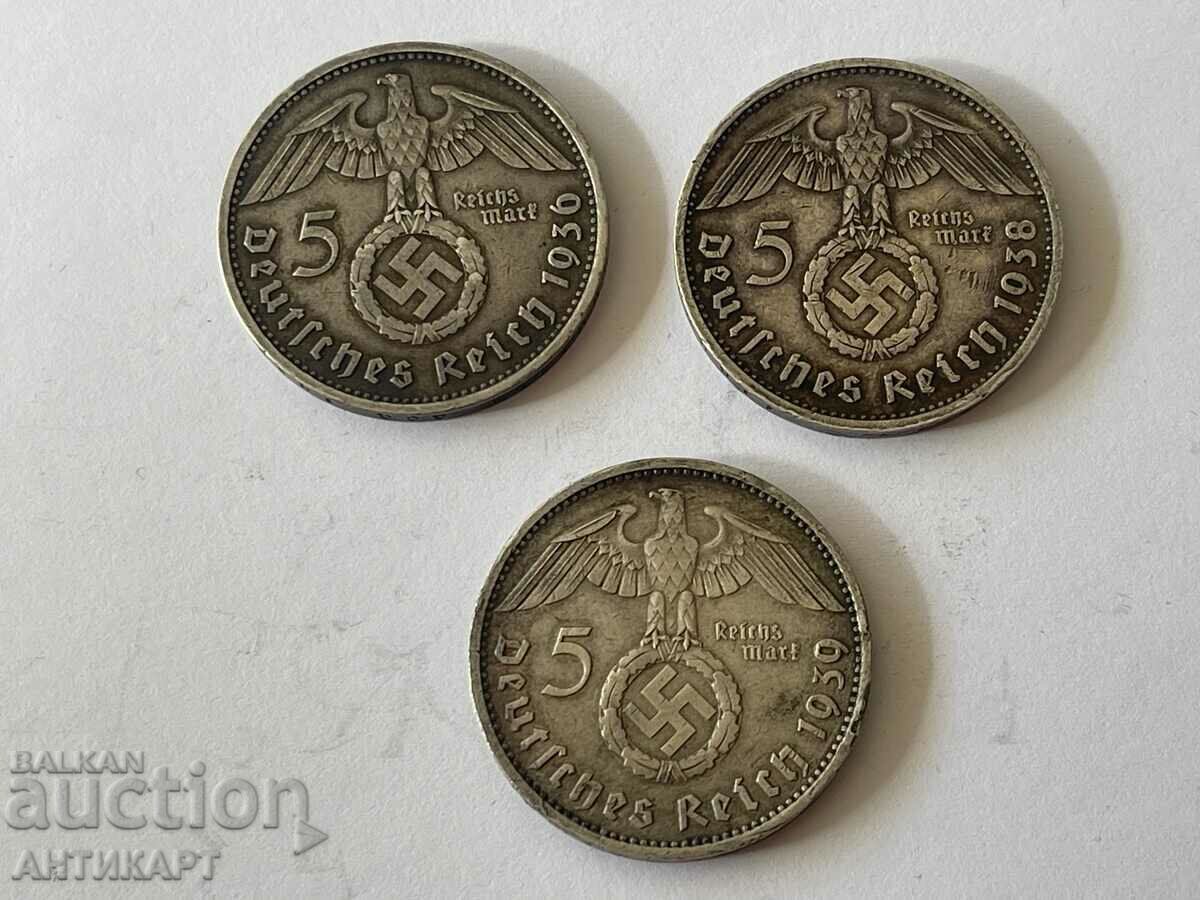 3 silver coins 5 marks Germany swastika 1937,1938 silver