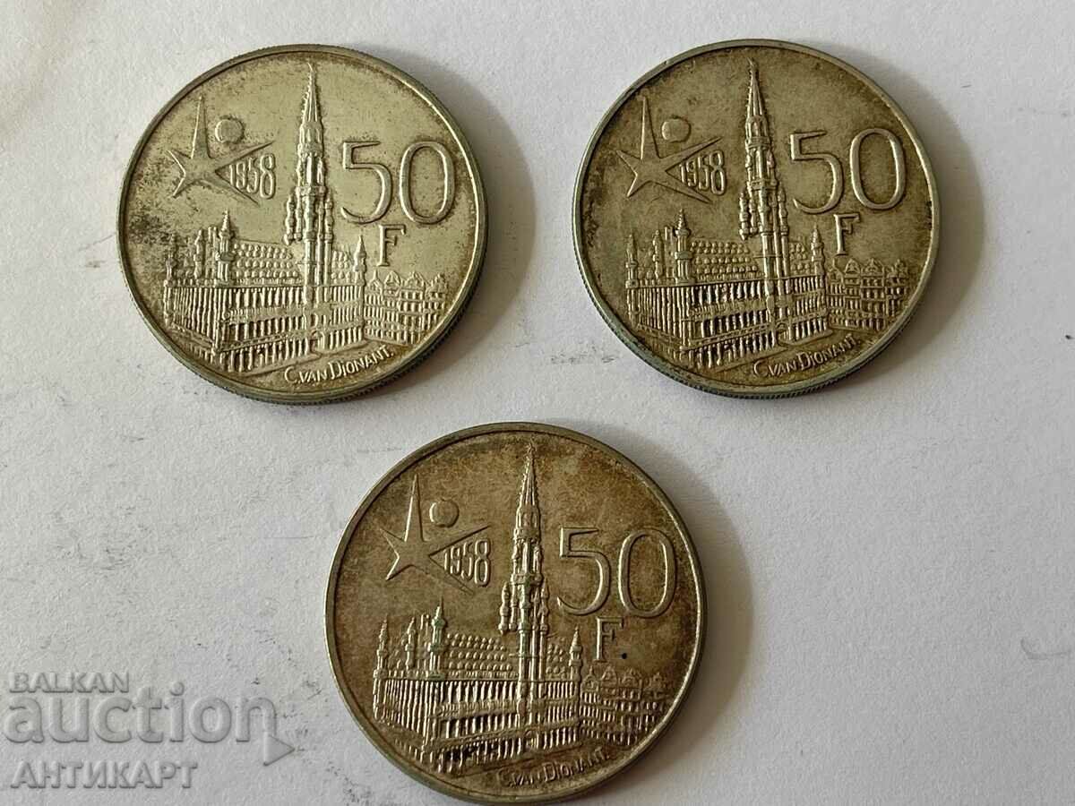 3 сребърни монети  Белгия по 50 франка 1958 сребро