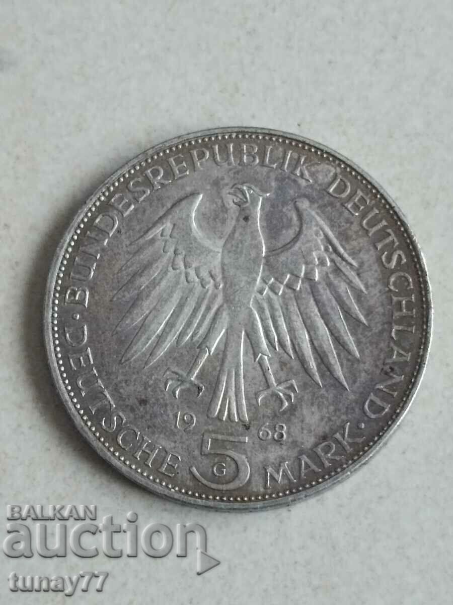 Silver Coin Germany, 1968-G, 5 marks, Gutenberg, 