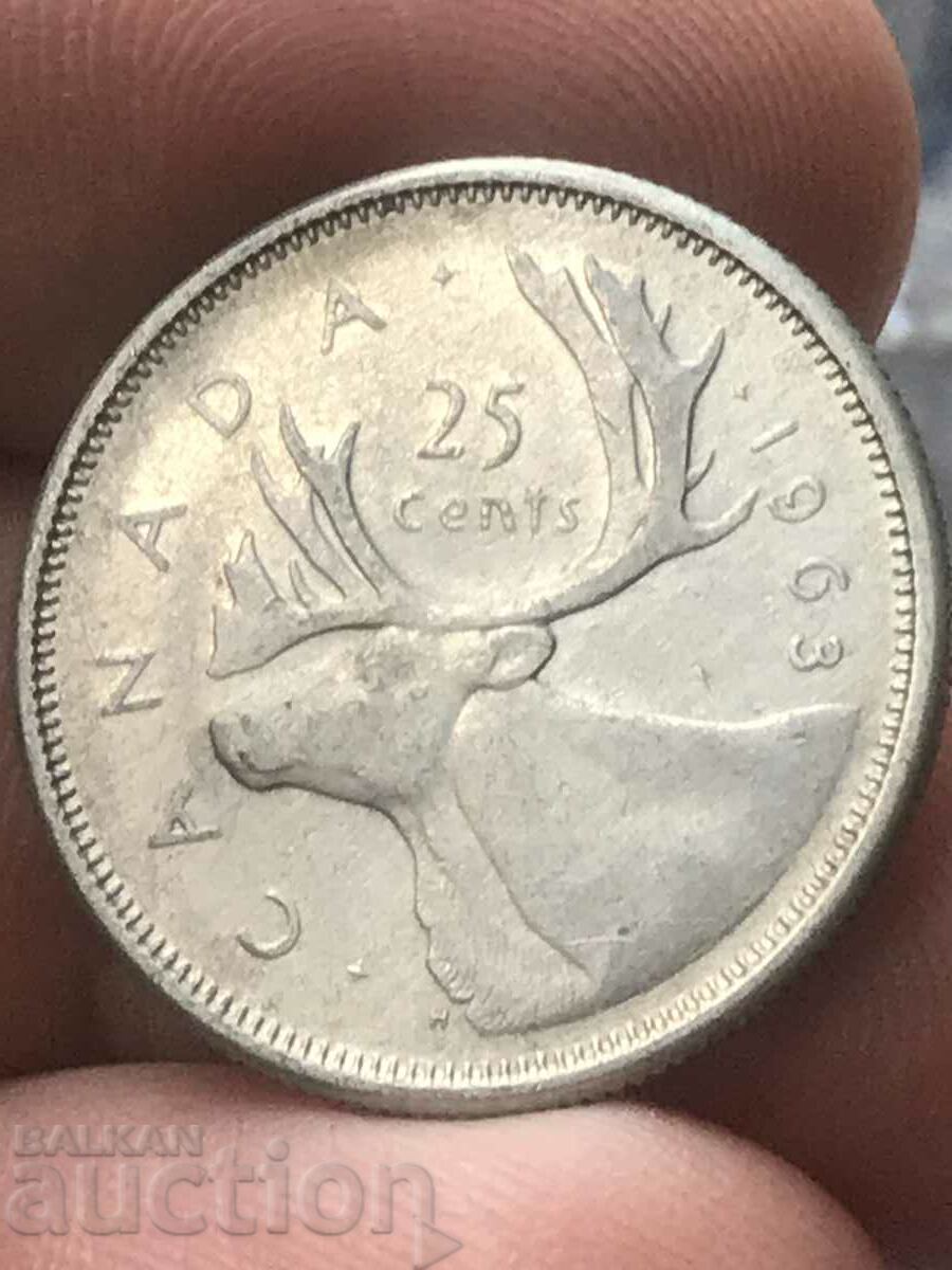 Canada 25 Cents 1963 Elizabeth Stag Silver