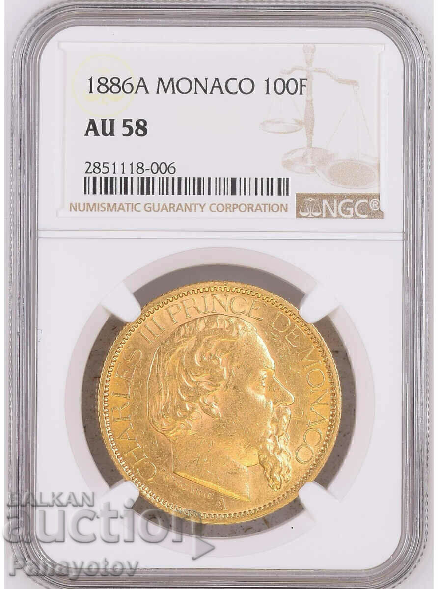 100 FRANC FRANCE MONACO AU 58 NGC PCGS CHARLES III GOLD 100 FRANC FRANCE MONACO AU 58 NGC PCGS CHARLES III GOLD