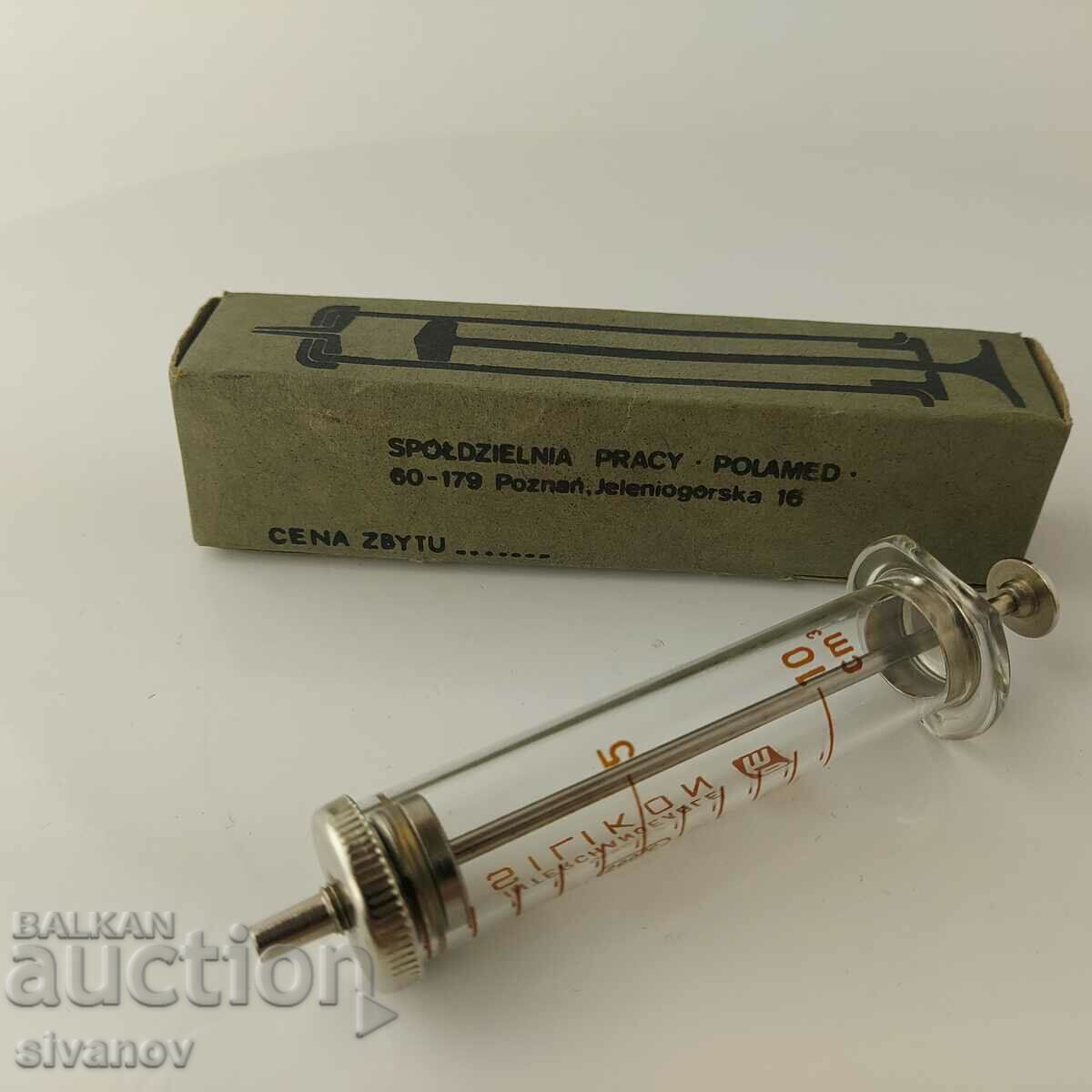 Auction Old glass syringe 10ml Polamed Poland #5678 Auction Old glass syringe 10ml Polamed Poland #5678
