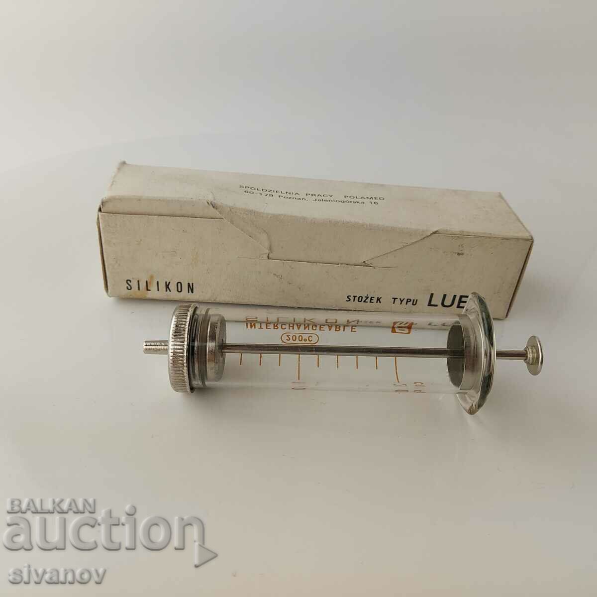 Auction Old glass syringe 20ml Polamed Poland #5679 Auction Old glass syringe 20ml Polamed Poland #5679