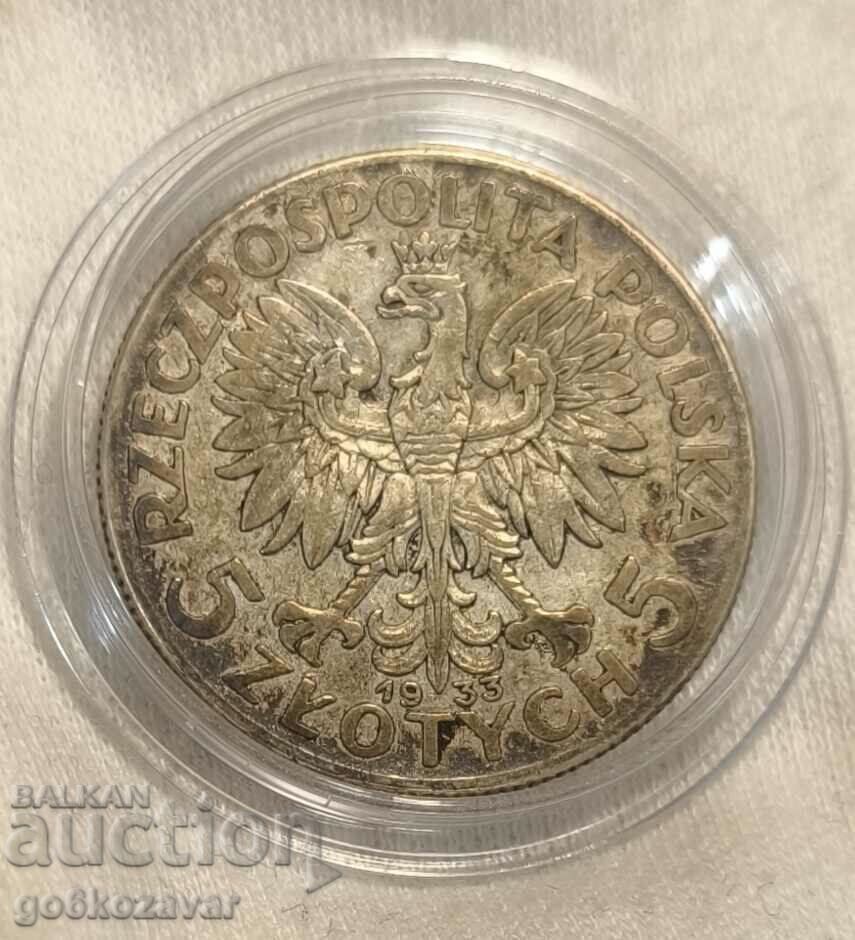 Poland 5 Zloty 1933 Silver Rare! Poland 5 Zloty 1933 Silver Rare!