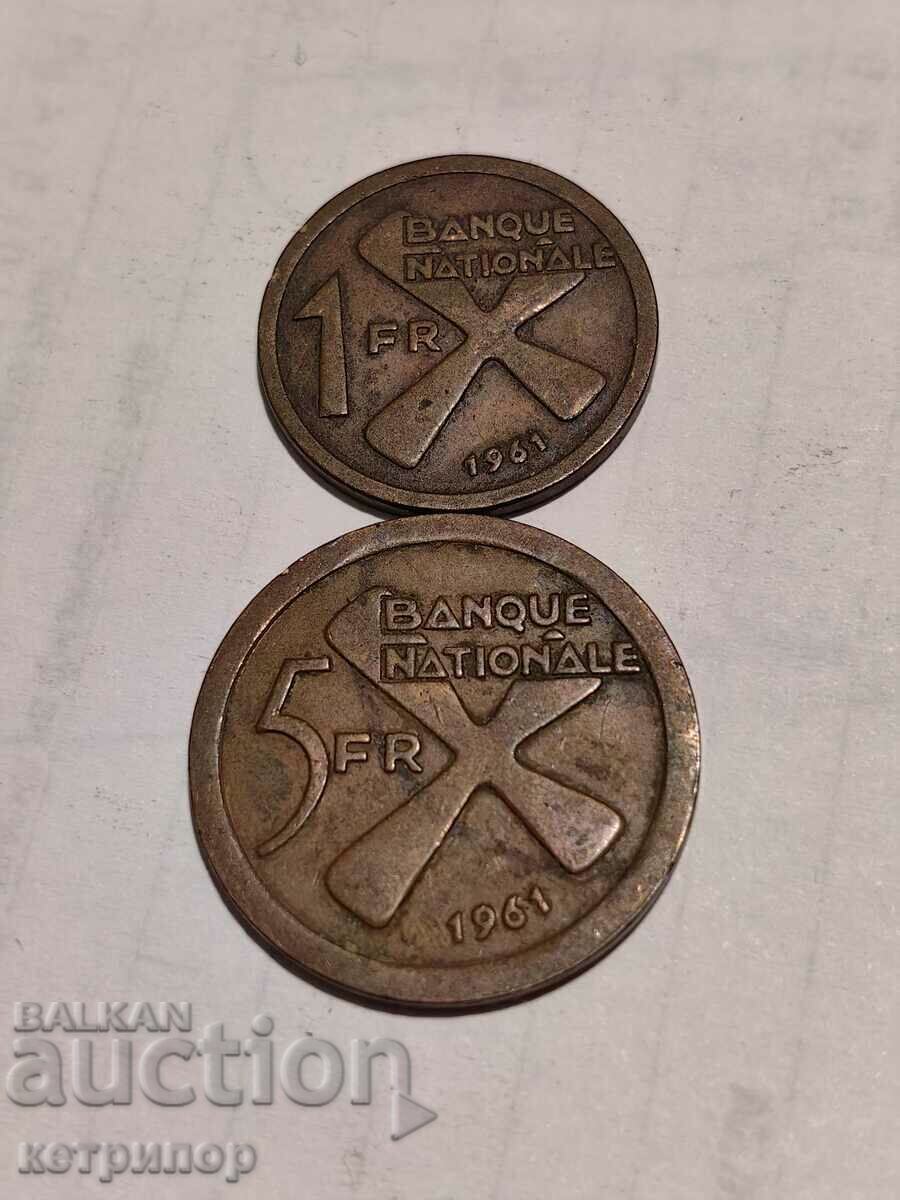 1 franc and 5 francs Katanga 1961 Copper coins 1 franc and 5 francs Katanga 1961 Copper coins
