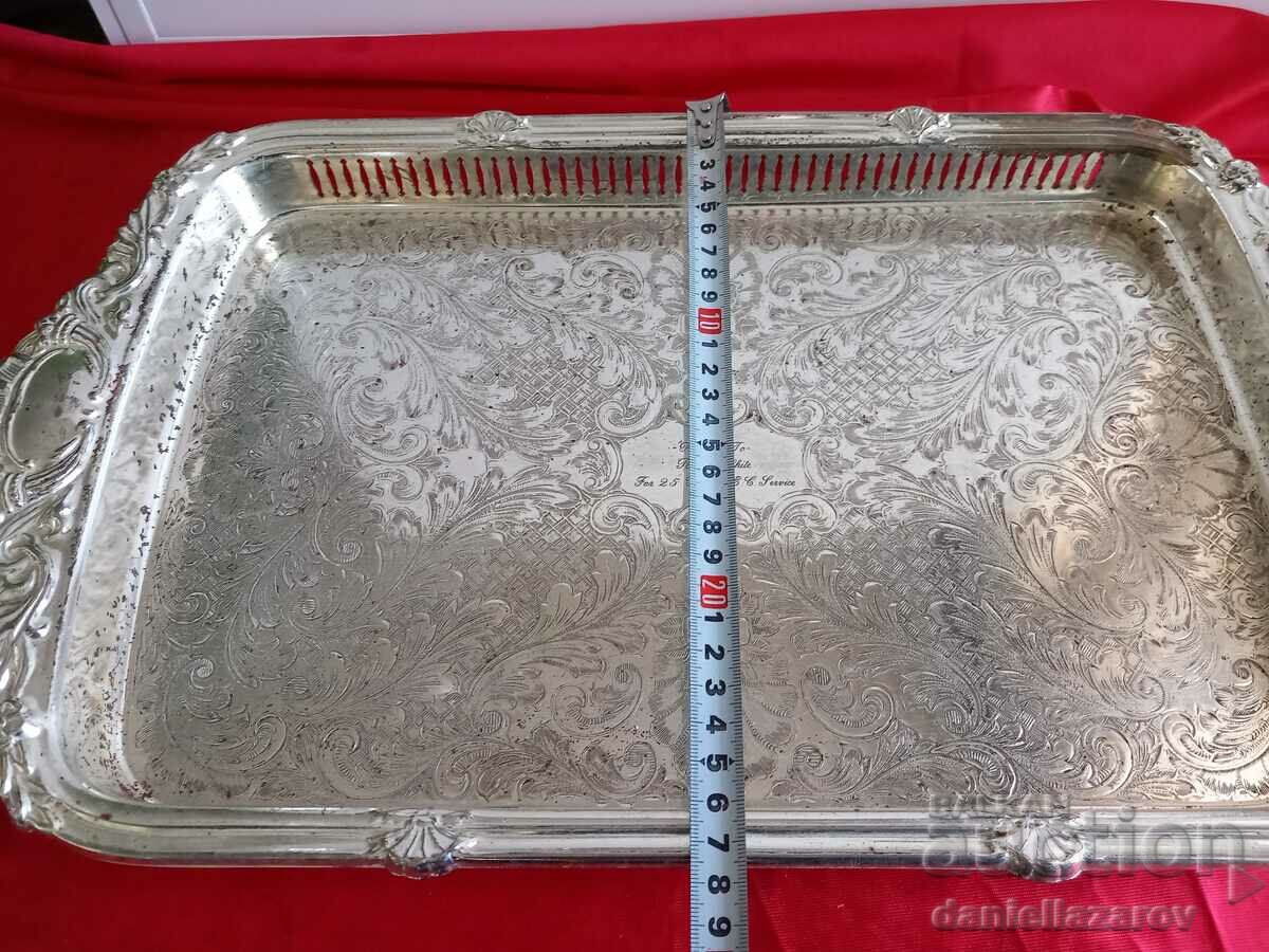 Large Old SILVER PLATED English Tray, Plate - 7