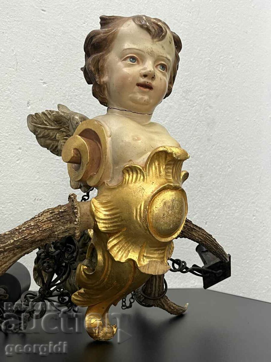 Unique old wooden chandelier / cherub. #6103