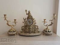 Baroque Mantel Bronze Clock with 2 Candlesticks WORKING