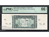 PMG 66 Spain Certified Banknote 5 Pesetas 1937