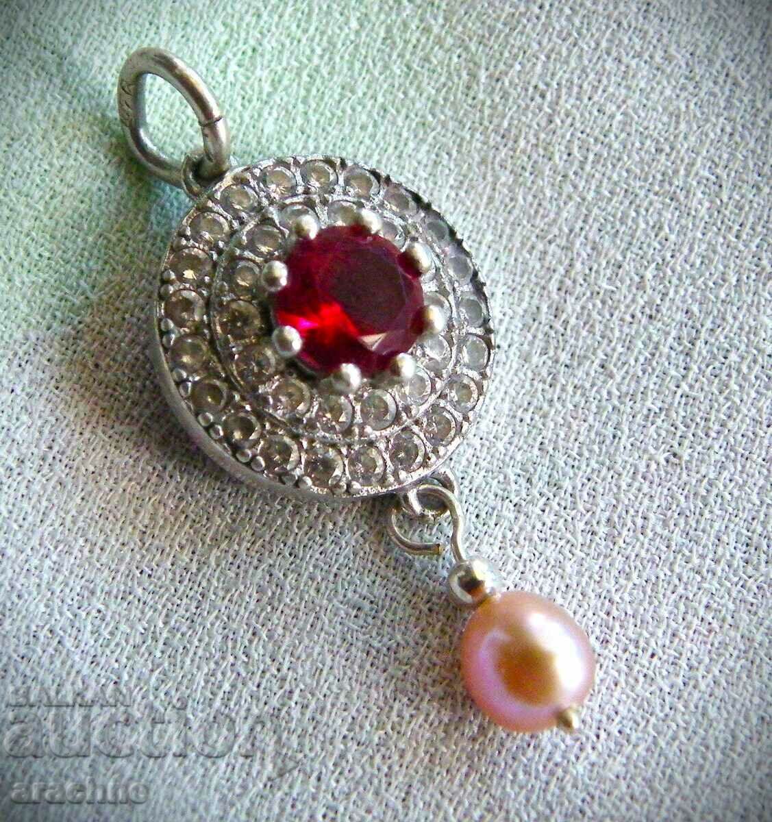 Silver locket with ruby and pink pearl